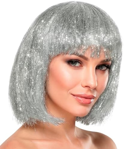 Metallic Silber Damen Perücke Bob Pagenkopf Pony 70er 80er Disco Space-Girl Lametta Science Fiction Weltall Engel