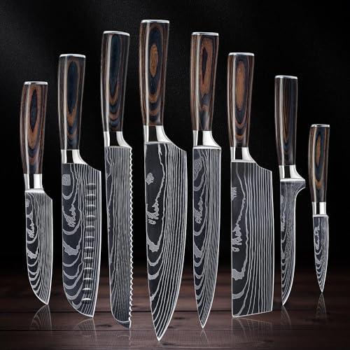 SENKEN 8-piece Premium Japanese Kitchen Knife Set with Laser Damascus Pattern - Imperial Collection - Chef's Knife, Santoku, Bread, Paring & More, Ultra Sharp for Very Fast Cutting