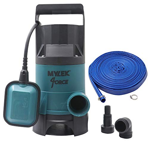 MYLEK Submersible Water Pump 750W Electric, 14000L/H, 15m Layflat Hose for Clean or Dirty Water with Float Switch, 10M Power Cable - for Floods, Pools, Gardens, Ponds, Hot Tubs
