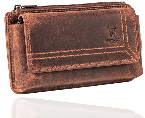 MATADOR Handytasche Gürtel Leder Herren Holster bis 6,9 Zoll Braun Vintage | Vintage Echtleder | Doppelte Gürtelschlaufe | Reißverschlussfach mit 2 Kartenfächern | RFID-Schutz | Geschenkbox