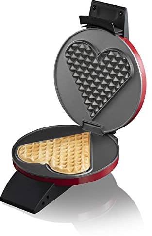 Cloer 1633V Gofrera para un gran corazón de gofres, Día de San Valentín, Día de la Madre, 930 W, revestimiento antiadherente, práctica función de soporte, carcasa de metal lacada en rojo