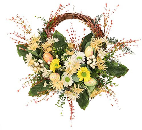 Panonw 49,7 cm großer Osterkranz mit bunten Pastelleiern, künstlicher Kranz mit gelber Chrysantheme für Haustür Dekorationen (ohne Licht)