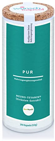 NeuroTeyanin Pur, exklusives natürliches L-Theanin (200 mg pro Tag). Schonend gewonnen aus Grüntee-Extrakt. 290 vegane Kapseln aus der Wunschkapsel-Manufaktur