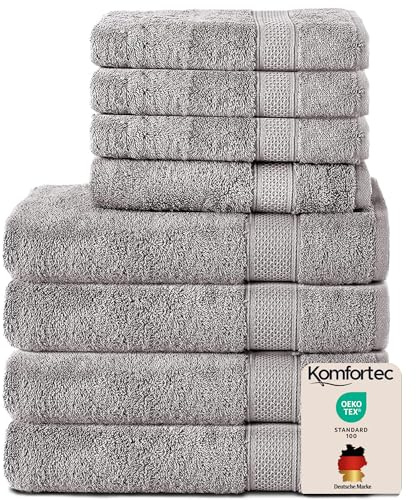 Komfortec 8er Handtücher Set, 4 Badetücher 70x140 cm & 4 Handtücher 50x100 cm, 100% Baumwolle Frottee, Flauschig und Saugstark,Silber