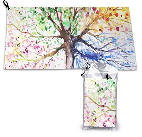 AROONS Schnell trocknendes Handtuch mit Tasche – Schöner vierjähriger Baum bedruckt, super saugfähig, Mikrofaser, Reise-Sporthandtücher, 80 x 40 cm