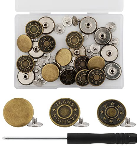 20 Sets 17mm Jeansknöpfe zum Schrauben Jean Buttons Ersatz Kein Nähen Abnehmbar Jeans Knöpfe aus Metall für Jeanskleidung Jeans Hosentaschen (Bronze, 3 Muster)