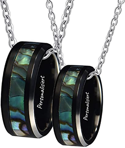 KnSam Paar Ketten Set Preis für 2, Wolfram Anhänger Ringe 8mm Bunt Muschel Kette Paare Liebe Schwarz, Herrenkette 60cm, Damenkette 50cm, Größe 54 & 62