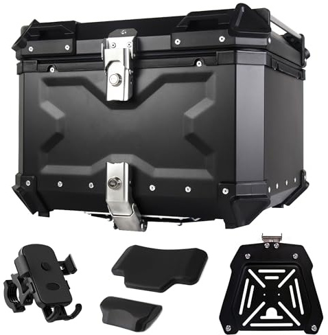 iproods 55L Motorcycle Top Case, Aluminum Alloy Universal Motorcycle Tail Box with Backrest ＆ Phone Mount Holder, Dual-key Storage Luggage Trunk (Black, 55L)