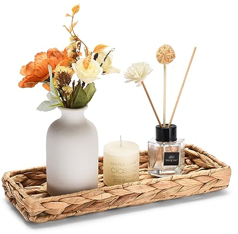 QSIDE Dekotablett rechteckig geflochten - Naturfarben - 30 x 13 x 3,5 cm - Nachhaltig aus Kürbisgras - Dekoschale - Baddeko - Schlüsselschale - Boho Deko - Flechtkorb - Aufbewahrungskorb (Natur)