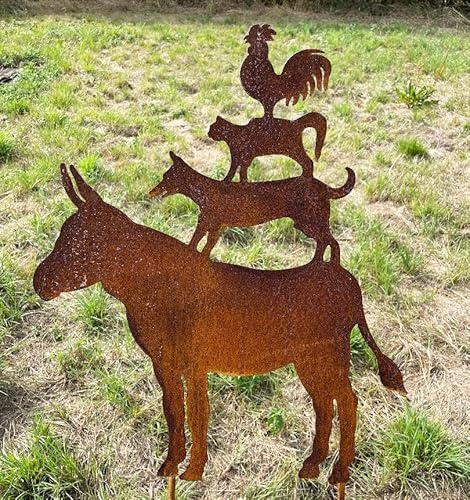 STEINFIGURENWELT GIEBEN Bremer Stadtmusikanten 60x50cm zum Stecken Gartenstecker Edelrost Gartendeko Wetterfest Rost Gartenfigur Metall Rostfigur Hahn Katze Hund Esel Tier