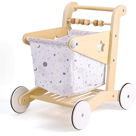 Woodtoe Wooden Baby Walker Doll Stroller, Adjustable Speed Shopping Cart for Toddlers 1-3, Baby Push Walker, Pretend Play Grocery Wagon, Baby Push Toys, Montessori Birthday Toy Gift for 1 2 3 Year Old