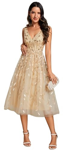 Ever-Pretty Robe pour Invité Mariage Dos Nu Femme Paillettes Feuilles Double V-Col sans Manches A Line Taille Empire Robe de Bal Brillante Or 36