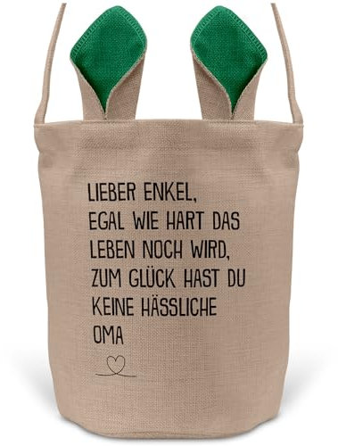 22Feels Enkel Osterkorb von Oma Kinder Junge mit Henkel Ostergeschenk Tragetasche Ostern Deko Osternest Körbchen Hasenohren (Beige/Grün)