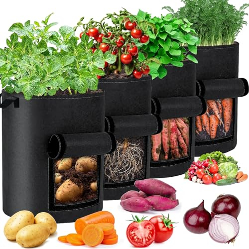 ROTRES 4 Stück 40L Kartoffel Pflanzsack, 10 Gallonen Garten Pflanzsäcke, Pflanztaschen mit Stabilen Griffen, Pflanzgefäß Pflanzbeutel, für Kartoffeln, Gemüse und Pflanzen