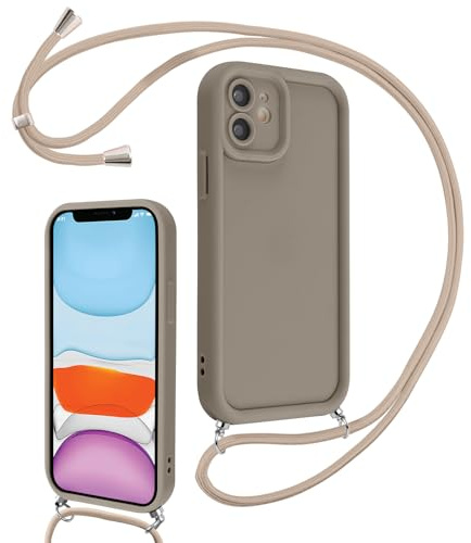 Coalbooliy Handyband für iPhone 11 Hülle 6,1 mit Band, Handyhülle Kameraschutz Weiches Silikon Necklace Stoßfeste Schutzhülle mit Kordel zum Umhängen Cover für Mädchen Frauen, Khaki