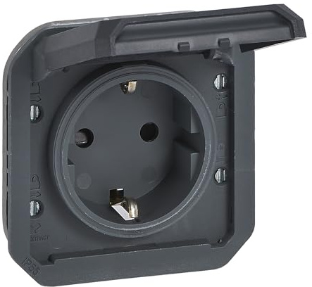 LEGRAND, Plexo New Einsatz, Feuchtraum-Steckdose, Schuko-Standard, inkl. Klappdeckel, Berührungsschutz, Schraubklemmen, 16A, 250 Volt, IP44 - IK08 (IP55 bei geschlossenem Deckel), Anthrazit, 069839L