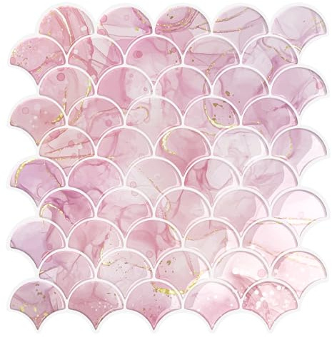 VEELIKE Rosa Fischschuppe 3d Fliesenaufkleber Küche Klebefliesen Badezimmer Fächerform Rosa Marmorfliesen Fliesenfolie Küche Rückwand Küchenfliesen Überkleben Wasserfest 30.5cm×30.5cm 6 Stück