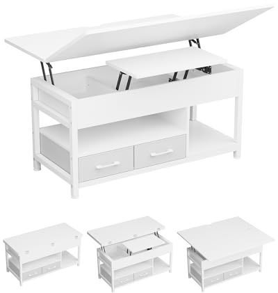 Couchtisch Höhenverstellbar, 3-in-1-Multifunktions-Wohnzimmertisch, Couchtisch mit 2 Schubladen, Kaffeetisch, Versteckte Aufbewahrung, Offenes Fach, Als Esstisch nutzbar, für Wohnzimmer, Büro, Weiß
