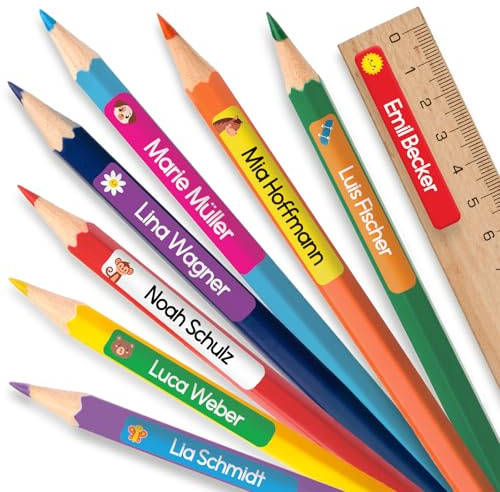 Personalisierte Namensaufkleber für Kinder - Schule (75 Stk, Lila) | Spülmaschinenfest, Aufkleber für Stifte & Schulsachen, Klebeetiketten zum Beschriften, Selbstklebende Namensetiketten