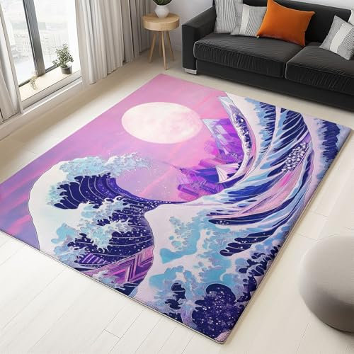Anime Wellen Mond Teppich Wohnzimmer, 80 x 150 cm Teppich Schlafzimmer Lila Rosa Teppiche Waschbar Weich Anti-Rutsch Teppiche Kurzflor für Kinderzimmer Esszimmer Büro Dekoration
