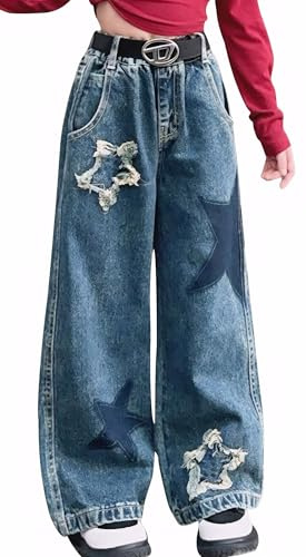 SEAUR Kids Cargo Trousers Girls Jeans Wide Leg Jeans Baggy Trousers Loose Straight Jeans Blue
