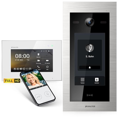 Balter EVO-HD Video Türsprechanlage mit Touchscreen Türstation, Video Türklingel, Smartphone App, 1 Familienhaus, 1x 7 Zoll Monitor, Türklingel mit Kamera Full HD, 2 Draht Bus, 175° Weitwinkel, RFID