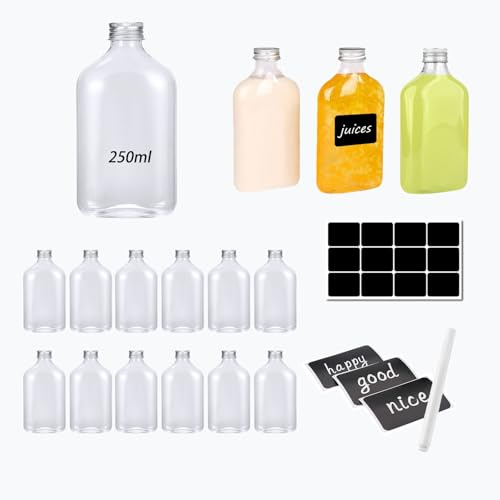 12 Stück Shot Flaschen zum Befüllen, 250 ml kleine flaschen zum befüllen, Saftflaschen mit Aufkleber für Milch, Wasser, Juicer Shots, Saft