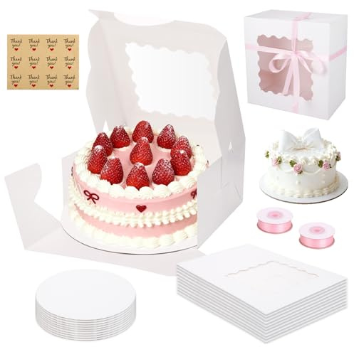 saerryor 10Pcs White Cake Boxes with Window, Bakery Boxes with Cake Boards | Round Cakes Containers with Ribbons and Stickers for Bakery Cookies Dessert Wedding Birthday Party, 10x10x5 Inch
