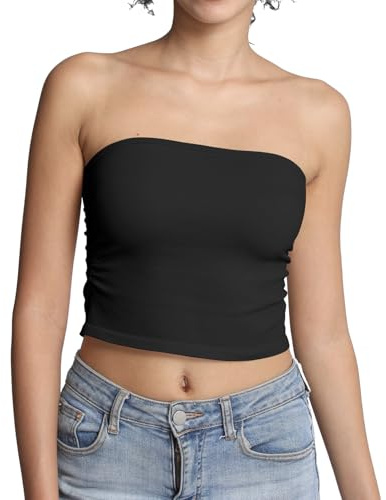 Comfyin Tube Tops for Women Strapless Bandeau Sleeveless Crop Top Basic Backless Summer Going Out Tank Top,Black,S