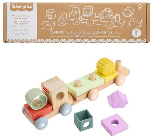 Fisher-Price - Trenino Impilabile, set a spinta per attività motorie con 9 pezzi in legno e silicone, include un trenino con ruote mobili, 4 blocchi e 4 forme, 9+ mesi, JKH08