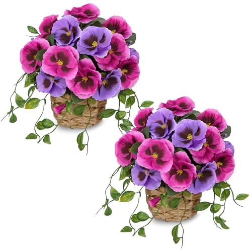 Hollyone 2 Stück Künstliche Blumen im Topf Rosa Künstliche Stiefmütterchen Blumen mit Geflochtenen Korb Klein Kunstblumen Deko Pflanze für Bauernhäuser Zuhause Regal Tischdeko