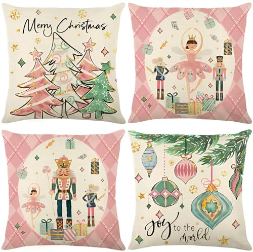 Hopomoon Fundas Cojín Navidad Cascanueces 45x45 cm Juego de 4 Fundas Decorativas Ballet Rosa para Niñas, Diseño Princesa Funda Almohada Navideña para Dormitorio Salón