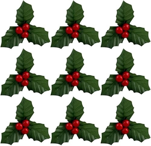 Cldaisy 20 Pcs Christmas Holly Berries Faux Berry Flowers with Leaves Xmas Berry Picks Decoration,Christmas Vase Fillers,Artificial Plants Flowers,Beautiful Wreath Branches (Red，Green)