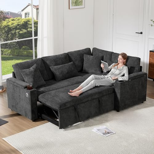 Canapé d'angle Extensible en Forme de L avec USB et 2 Coussins, Canapé 3 Places avec Porte gobelet et Rangement, Fauteuil rembourré pour Les Salons et Home cinémas, Chenille Gris foncé