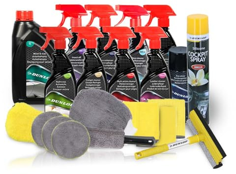 BM TOOLS Pack Complet Nettoyant Intérieur/Extérieur pour Voiture 21 pièces Dunlop Vanille - Shampoing, Nettoyant, Brosse, Microfibres