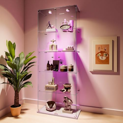 HFASD Glasvitrine Standvitrine mit LED, Glasvitrine Stehend mit 2 Türen, 5 Glasböden, Vitrinenschrank für Wohnzimmer, Büro, Bücher, Spielzimmer, 78,5x34,5x186,5 cm (Weiß, 5 Etagen+TIPP-LED)
