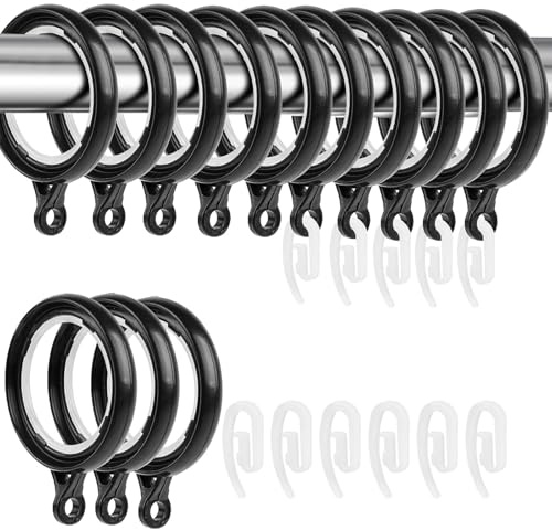 40 Pack Curtain Rings and Hooks, Black 36mm Hanging Rings Hooks Plastic Black Curtain Rings with Hooks for Hanging Curtains Drape Sliding Eyelet Rings