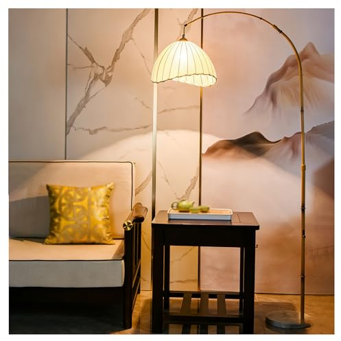 BNZCZY Lampada da Terra Arcuata Regolabile di Stile bambù, Lampada a Piedi con Paralume Pieghevole e Base in Marmo per Salotto, Camera da Letto(Color:Luce Tricolore)