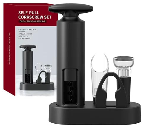 Juego de abridor de vino manual, sacacorchos con tapón de bomba de vacío, cortador de aluminio, vertedor de vino sin goteo y soporte de almacenamiento, juego de herramientas de vino profesional 5 en 1