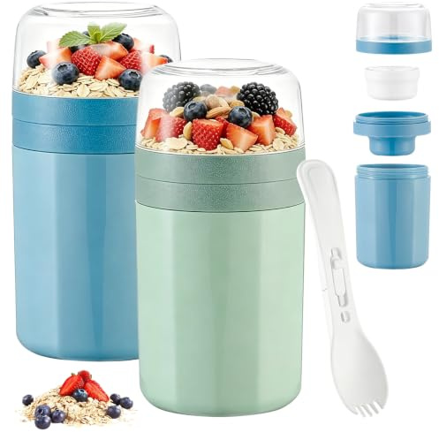 GORPENT 2 müsli-skålar med sked och såsfack, vattentät yoghurtskål för müsli, gröt och frukost, 770 ml, grön och blå