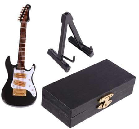 HOMOCONO Mini Modello di Chitarra Elettrica in Legno 10 Cm Nero con Scatola e Supporto, Decorazione per Casa e Ufficio, Regalo per Musicisti e Appassionati