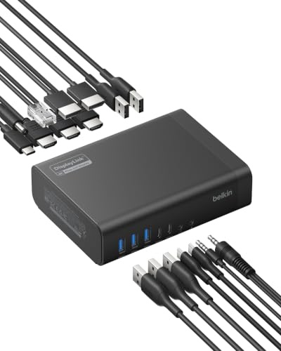 Belkin Connect Hub USB C de 16 Puertos y 140W, USB C Hub 16 en 1 para Tres Pantallas 4K a 60 Hz, DisplayLink, Adaptador Tipo C, Transferencias de 10 GBP, 2.5Gb Ethernet, Docking Station USB-C