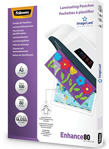 Fellowes Laminierfolien A3 ImageLast, 80 Mikron (2 x 80 Mikron), 100 Stück, transparent mit Ausrichtungshilfe. Ideal für Fotos und Informationshinweise mit optimalem Kontrast