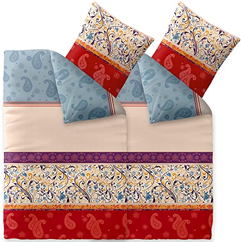 CelinaTex Touchme Biber Bettwäsche 135 x 200 cm 4teilig Baumwolle Bettbezug Megan Ornamente beige blau rot