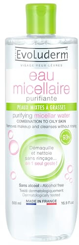 EVOLUDERM - Eau Micellaire Démaquillante Peaux Mixtes à Grasses - 500 ml - 93% d'Origine Naturelle - Végan - Fabrication Française