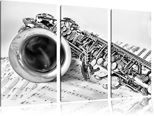 Pixxprint Saxophon auf Notenpapier, Leinwandbild 3 Teilig, Gesamtmaß: 120x80cm, Wandbild, Dekoration, fertig gespannt, Kein Poster