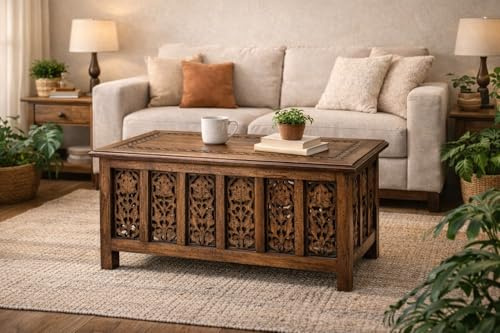Coffee Table 36x18 Inch – Hand-Carved Solid Wood Center Table, Vintage Burnt Finish Modern Coffee Table for Living Room, Entryway Table for Magazines, Books & Plants