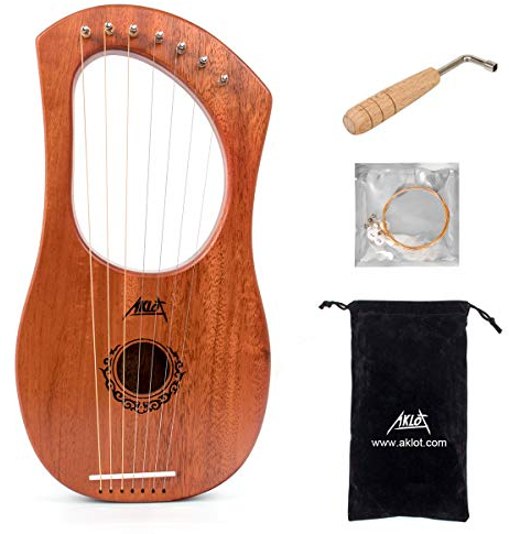 AKLOT Lyre Harfe, 7 Metallsaiten Knochen Sattel Mahagoni Lauge Harfen mit Stimmschlüssel und schwarzer Gigbag