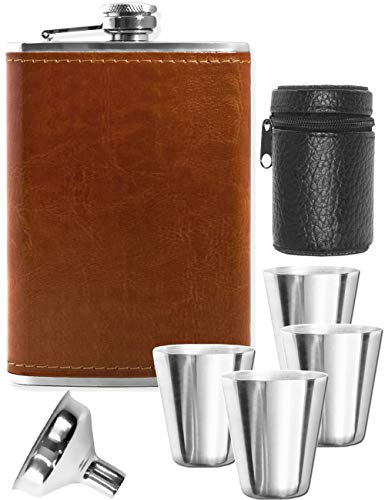 OUTDOOR SAXX Set di 7 bicchieri con fiaschetta in pelle, 240 ml, in confezione regalo