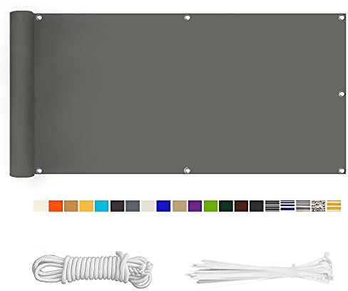 HERILIOS Balkon Sichtschutz, Balkonabdeckung 220 g/m² Innen Balkonverkleidung UV-Schutz (210Größen&21Farben) Ohne Bohren mit Ösen Kabelbinder und Kordel für Balkongeländer Terrasse,90X500CM Grau